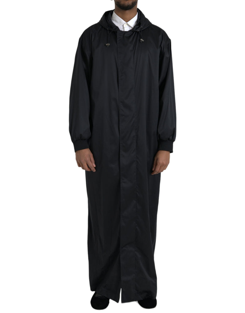 Black Polyester Hooded Long Windbreaker Jacket-Dolce & Gabbana-LabelTerrace.com
