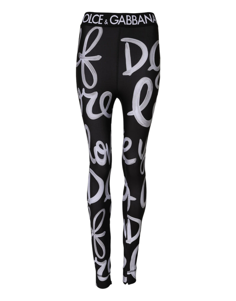 Black Polyester Logo Print Mid Waisted Pants-Dolce & Gabbana-LabelTerrace.com
