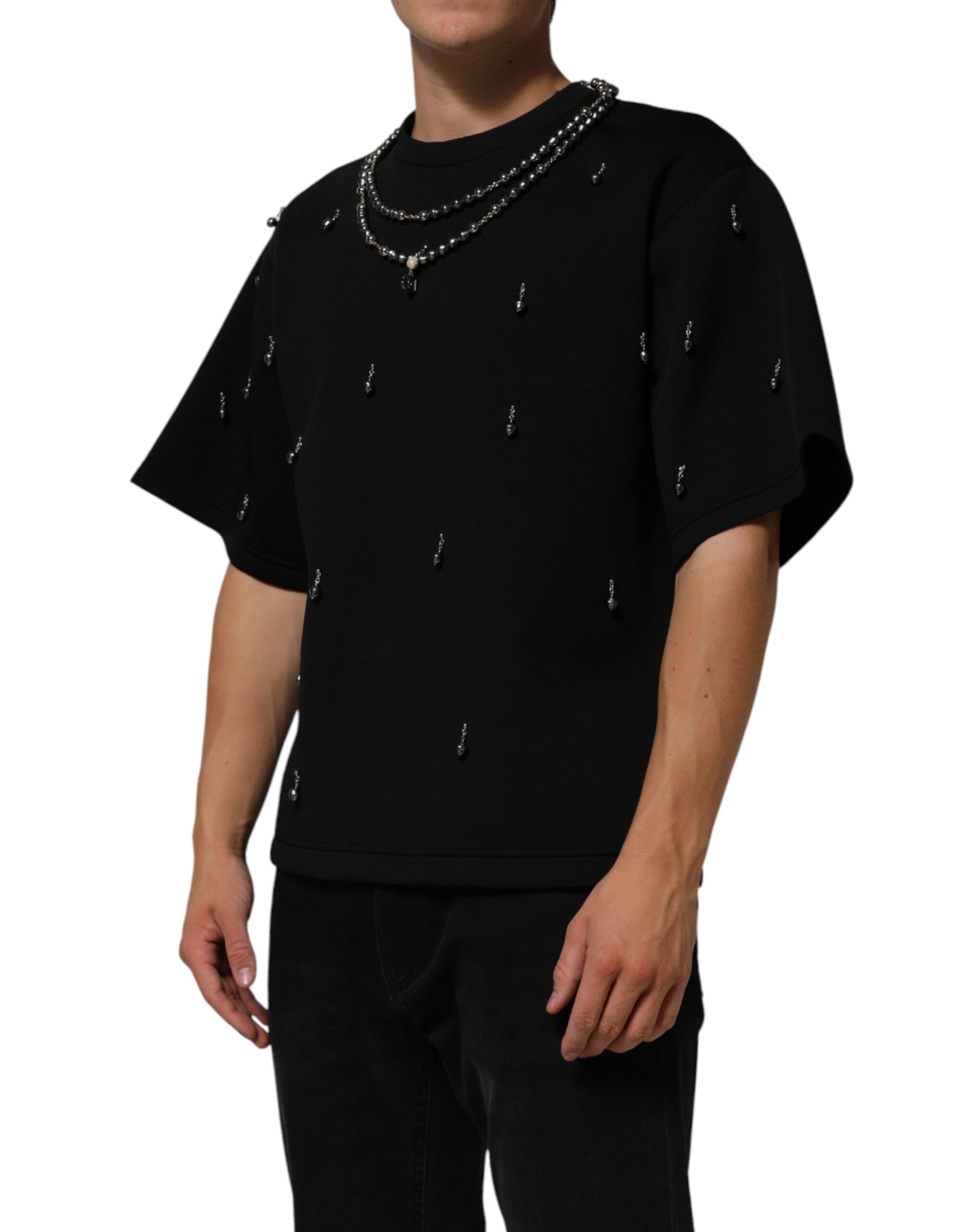 Black Polyester Necklace Embellished T-shirt-Dolce & Gabbana-LabelTerrace.com