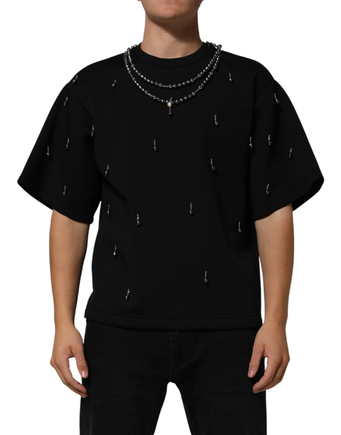 Black Polyester Necklace Embellished T-shirt-Dolce & Gabbana-LabelTerrace.com