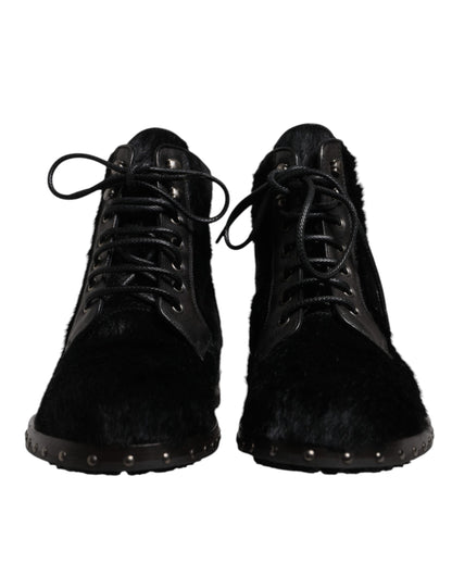 Black Pony Style Leather Mid Calf Boots Shoes-Dolce & Gabbana-LabelTerrace.com