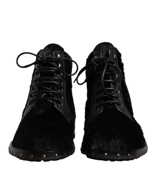 Black Pony Style Leather Mid Calf Boots Shoes-Dolce & Gabbana-LabelTerrace.com