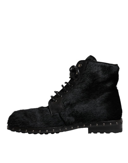 Black Pony Style Leather Mid Calf Boots Shoes-Dolce & Gabbana-LabelTerrace.com