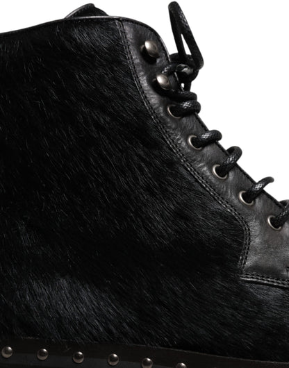 Black Pony Style Leather Mid Calf Boots Shoes-Dolce & Gabbana-LabelTerrace.com