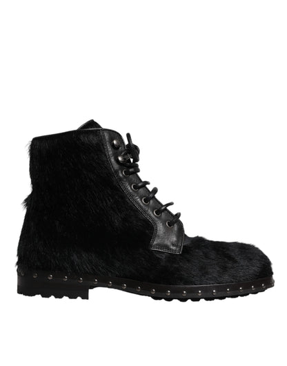 Black Pony Style Leather Mid Calf Boots Shoes-Dolce & Gabbana-LabelTerrace.com