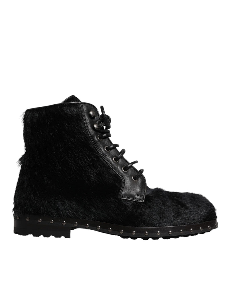 Black Pony Style Leather Mid Calf Boots Shoes-Dolce & Gabbana-LabelTerrace.com