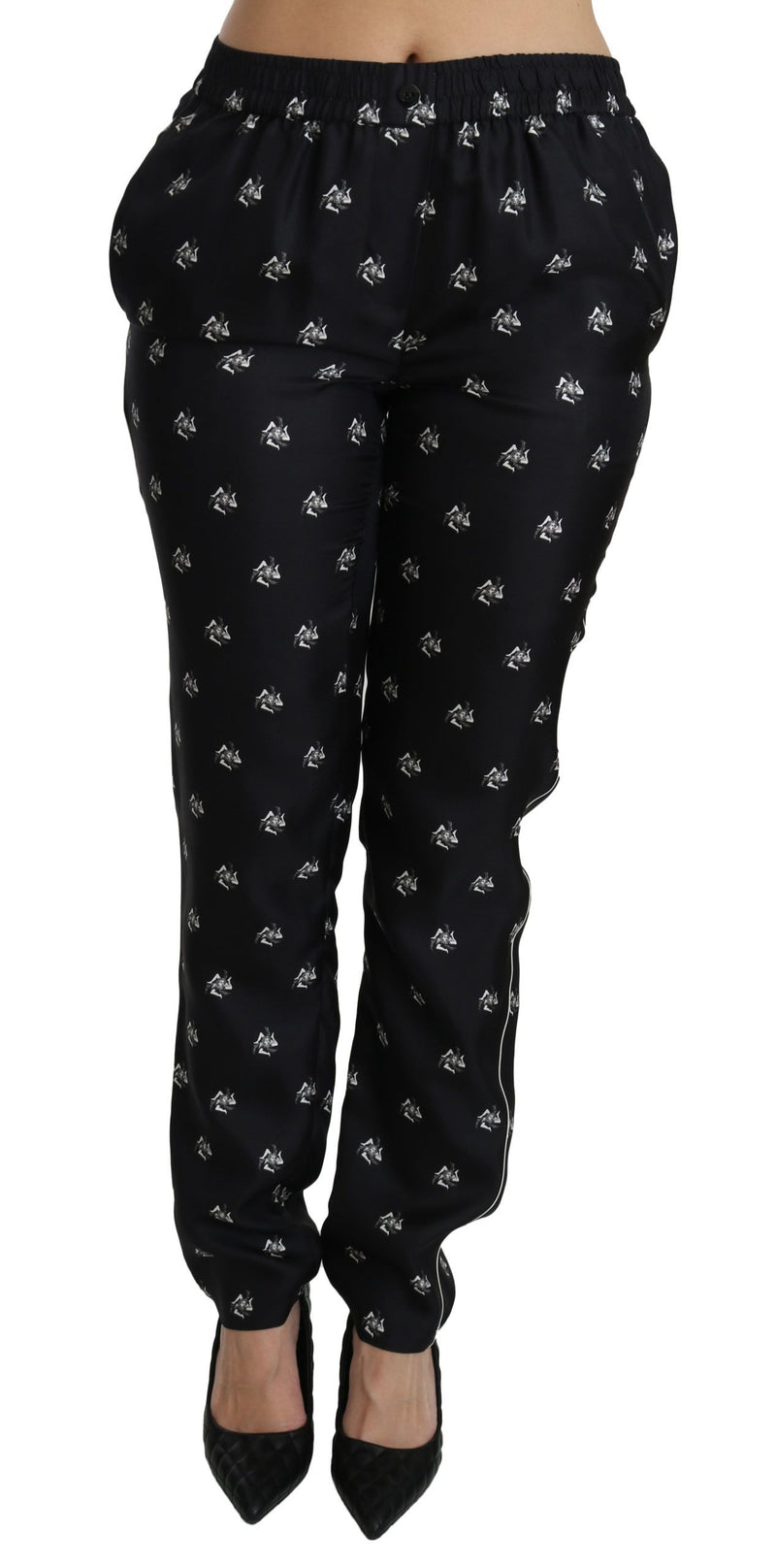 Black Printed Mid Waist Skinny Silk Pants-Dolce & Gabbana-LabelTerrace.com