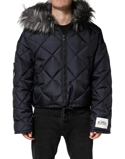 Black Quilted Fur Shearling Hooded Jacket