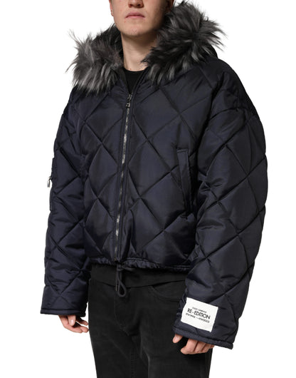 Black Quilted Fur Shearling Hooded Jacket