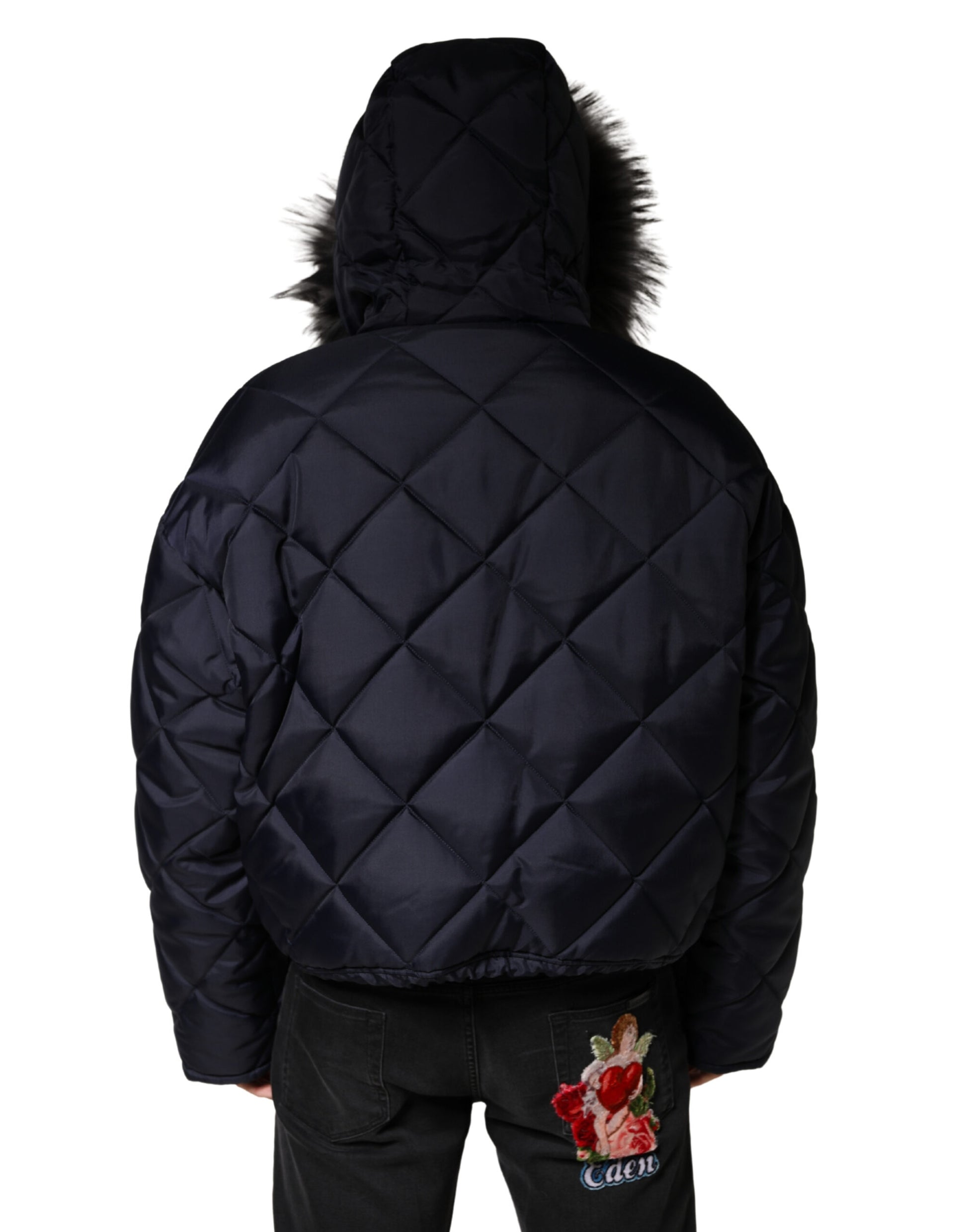 Black Quilted Fur Shearling Hooded Jacket