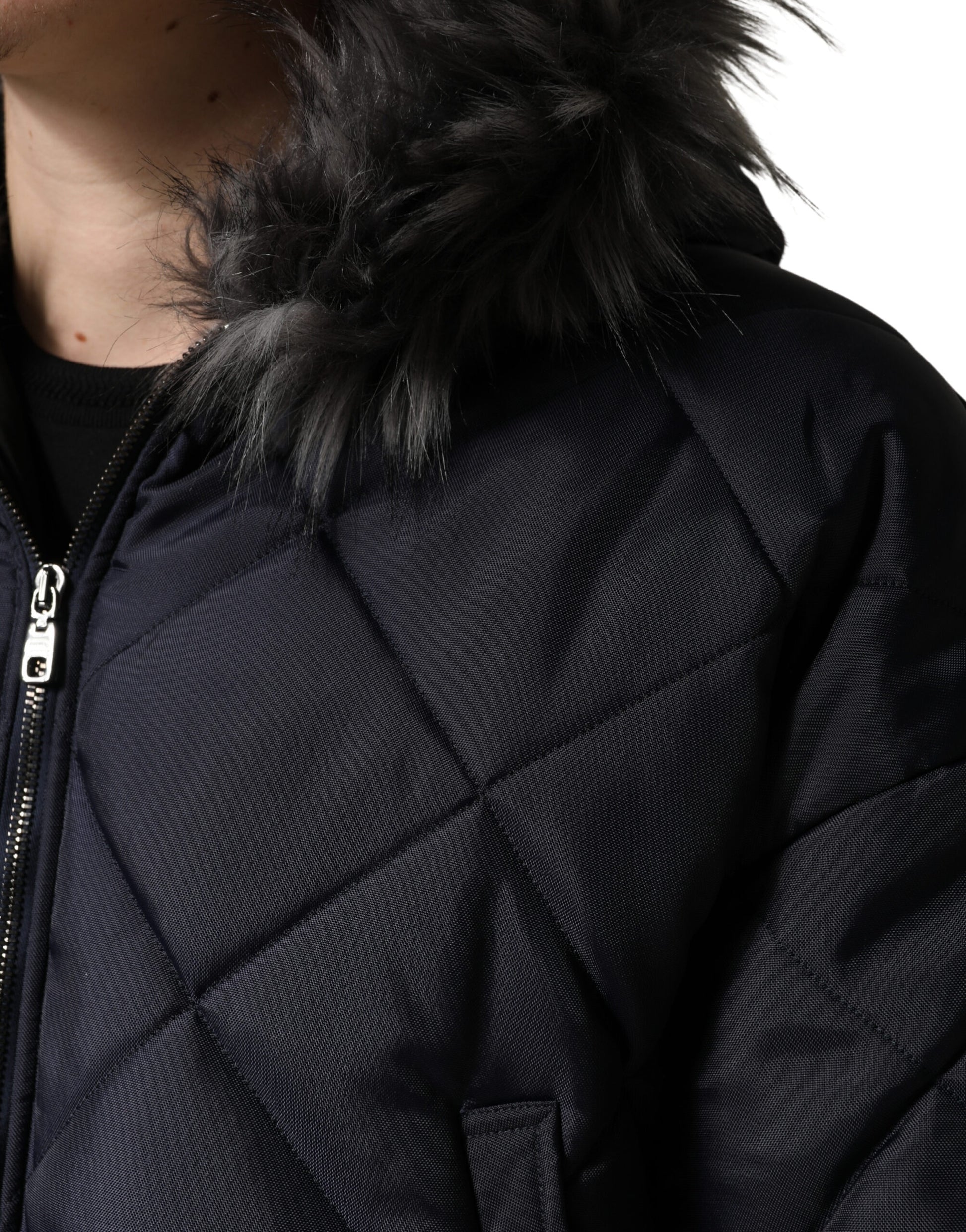 Black Quilted Fur Shearling Hooded Jacket