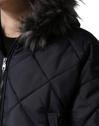 Black Quilted Fur Shearling Hooded Jacket