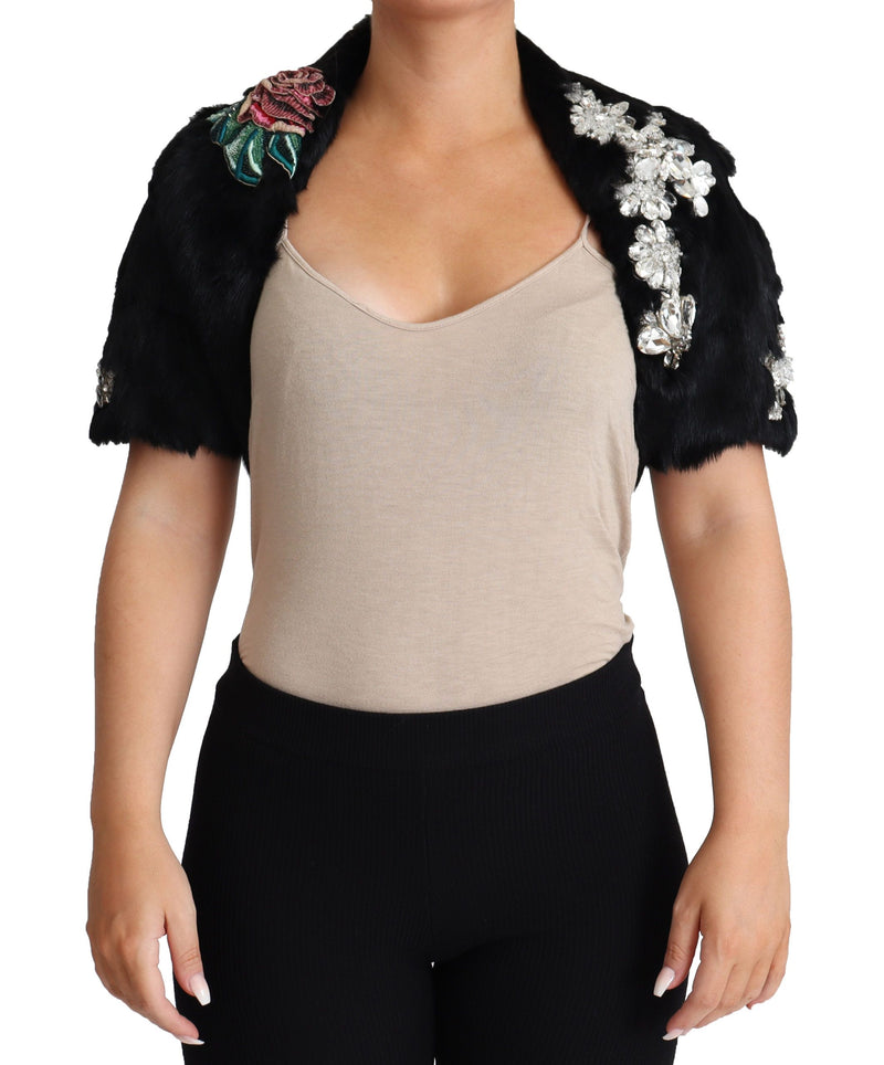 Black Rabbit Fur Crystals Sequin Coat-Dolce & Gabbana-LabelTerrace.com