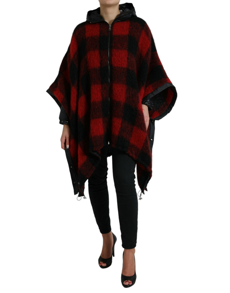 Black Red Buffalo Check Hooded Poncho Jacket-Dolce & Gabbana-LabelTerrace.com
