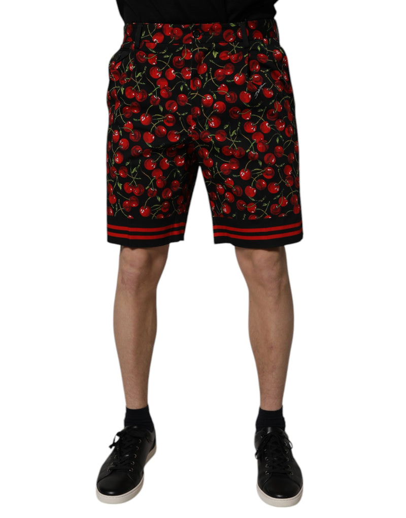 Black Red Cherry Print Bermuda Cotton Shorts-Dolce & Gabbana-LabelTerrace.com