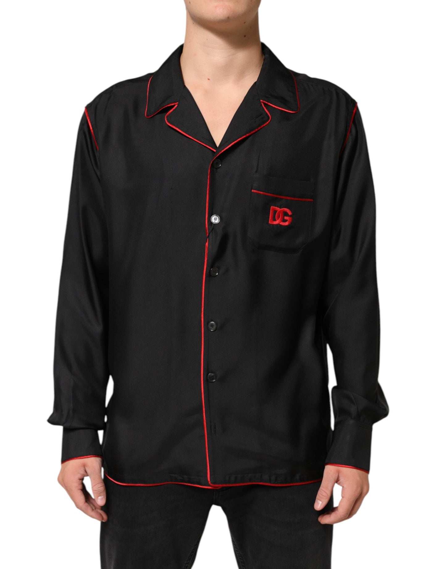 Black Red Contrast Trim Silk Casual Shirt-Dolce & Gabbana-LabelTerrace.com