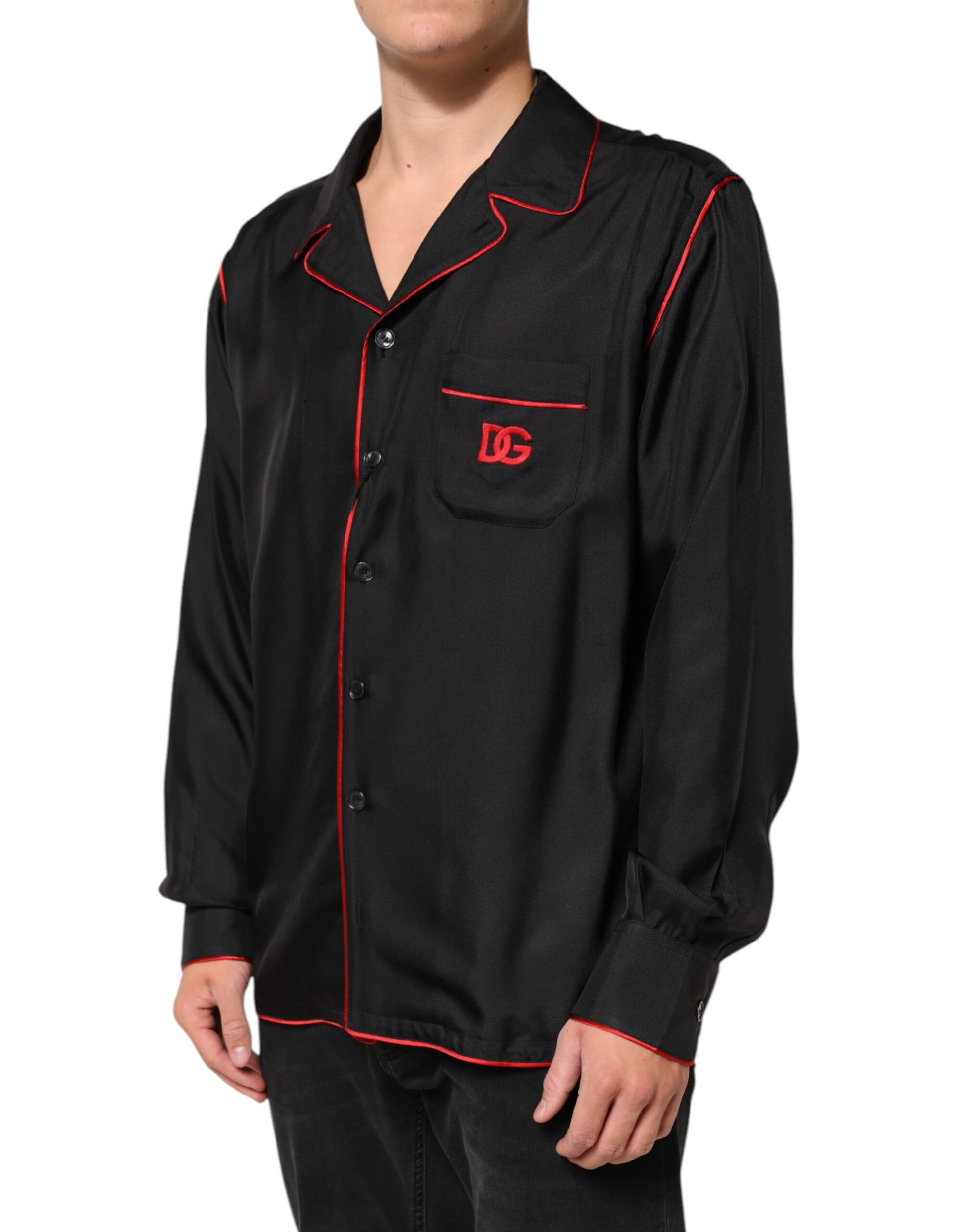 Black Red Contrast Trim Silk Casual Shirt-Dolce & Gabbana-LabelTerrace.com