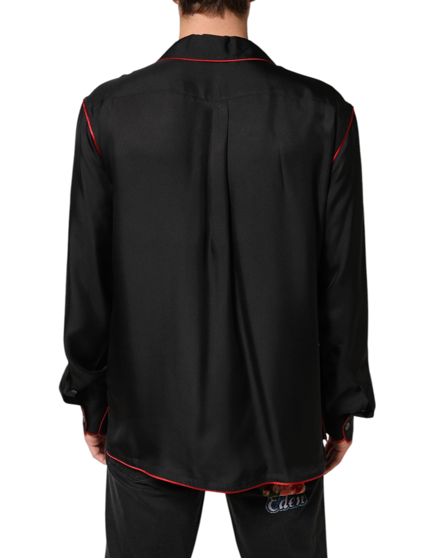 Black Red Contrast Trim Silk Casual Shirt-Dolce & Gabbana-LabelTerrace.com