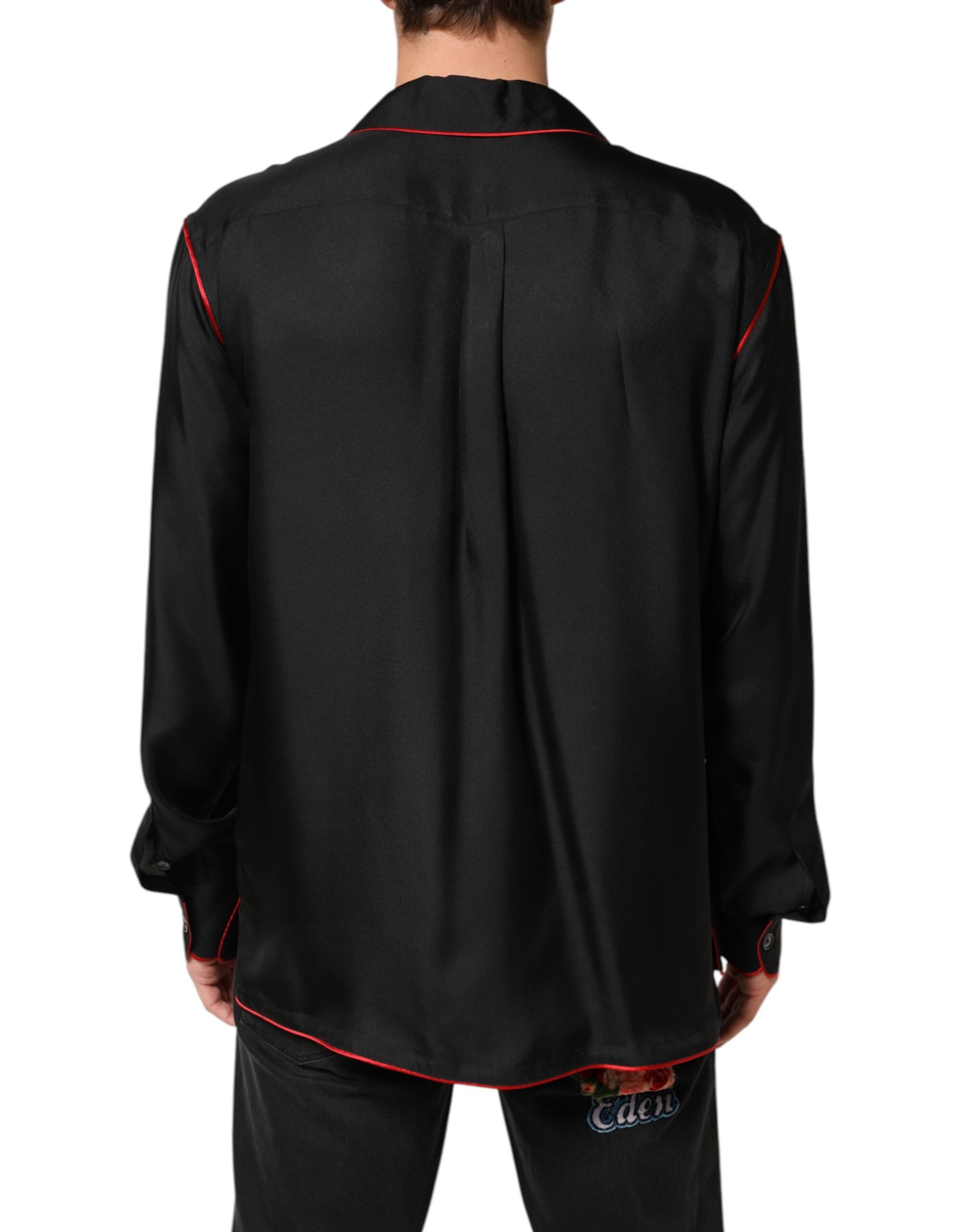 Black Red Contrast Trim Silk Casual Shirt-Dolce & Gabbana-LabelTerrace.com