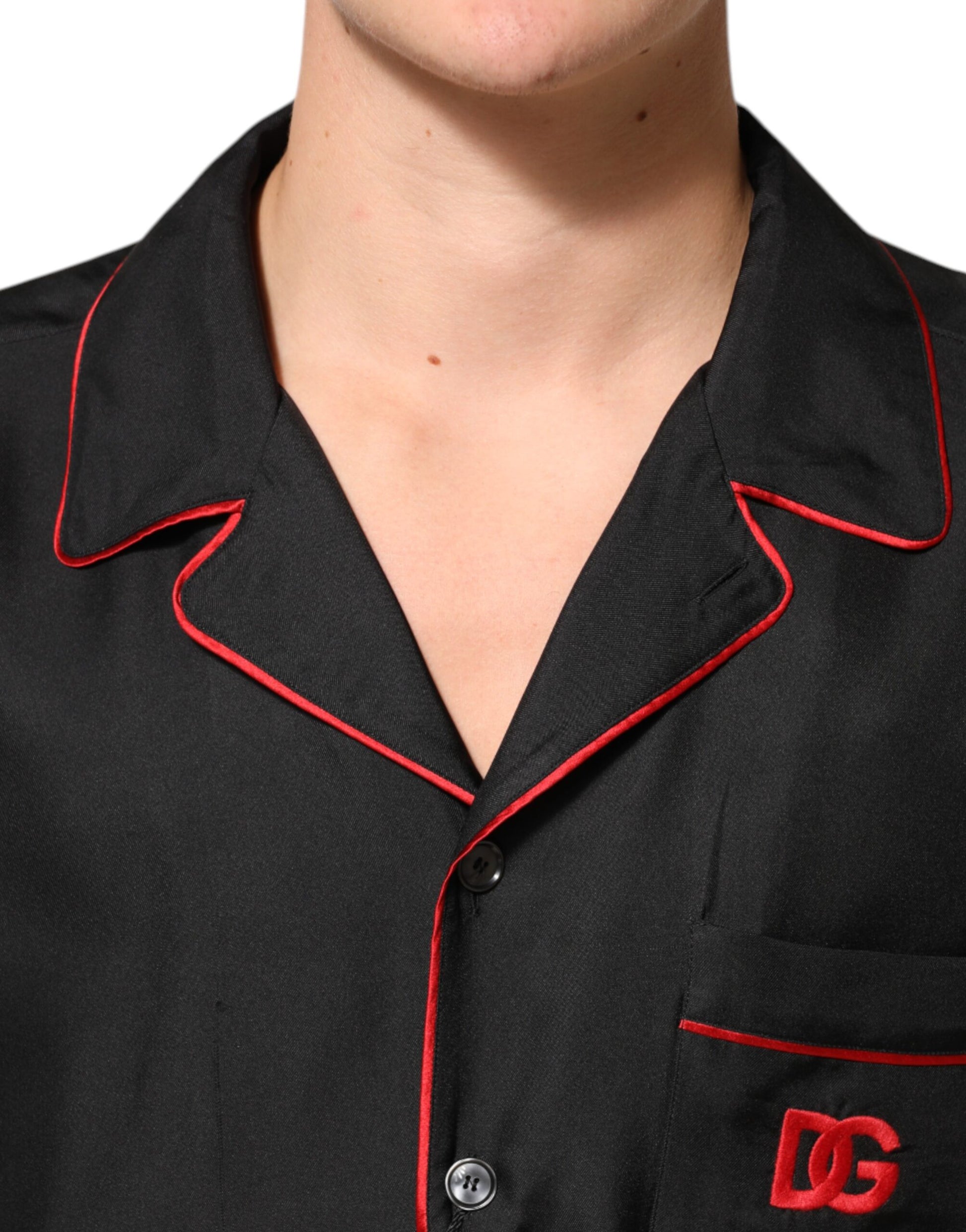 Black Red Contrast Trim Silk Casual Shirt-Dolce & Gabbana-LabelTerrace.com