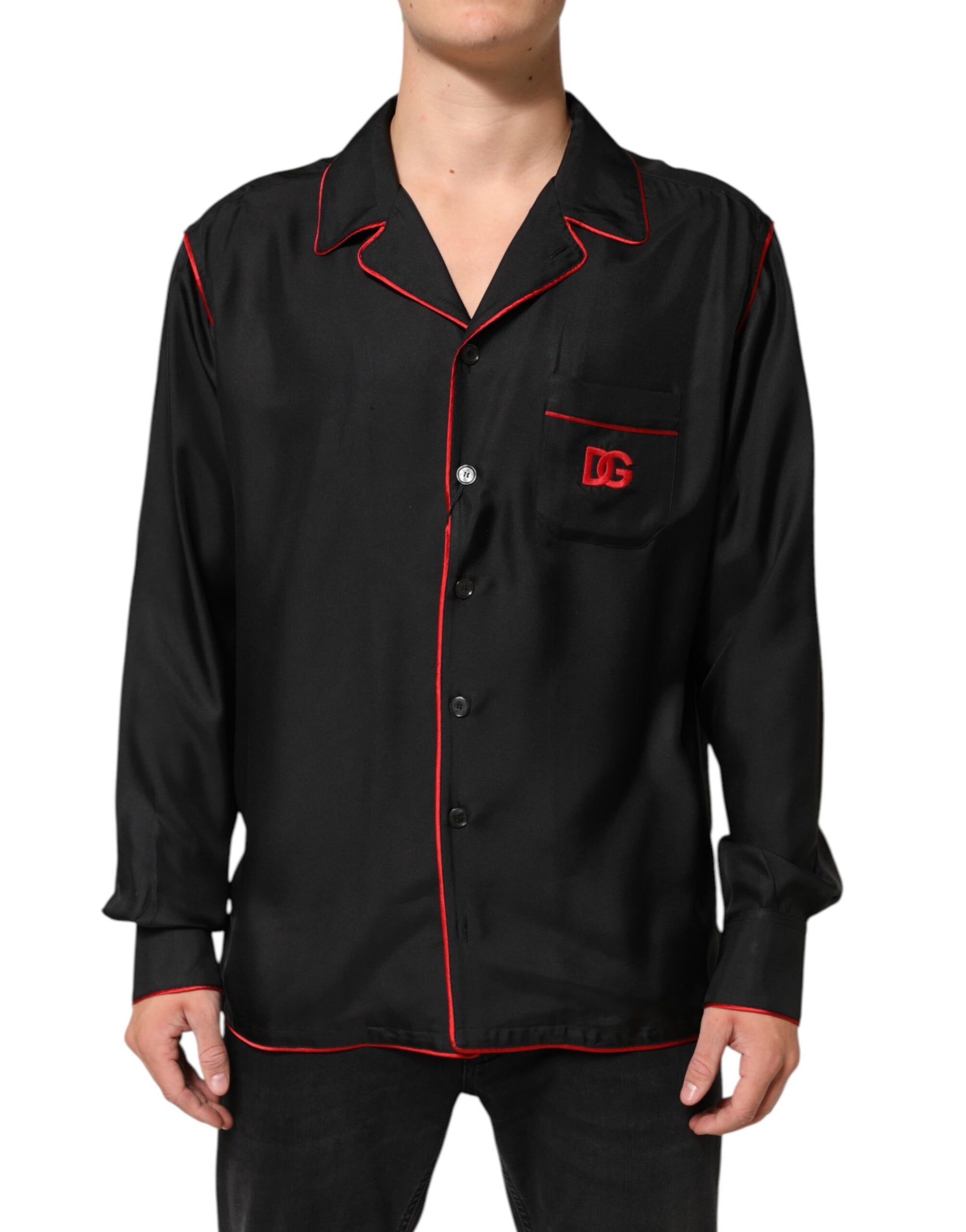 Black Red Contrast Trim Silk Casual Shirt-Dolce & Gabbana-LabelTerrace.com