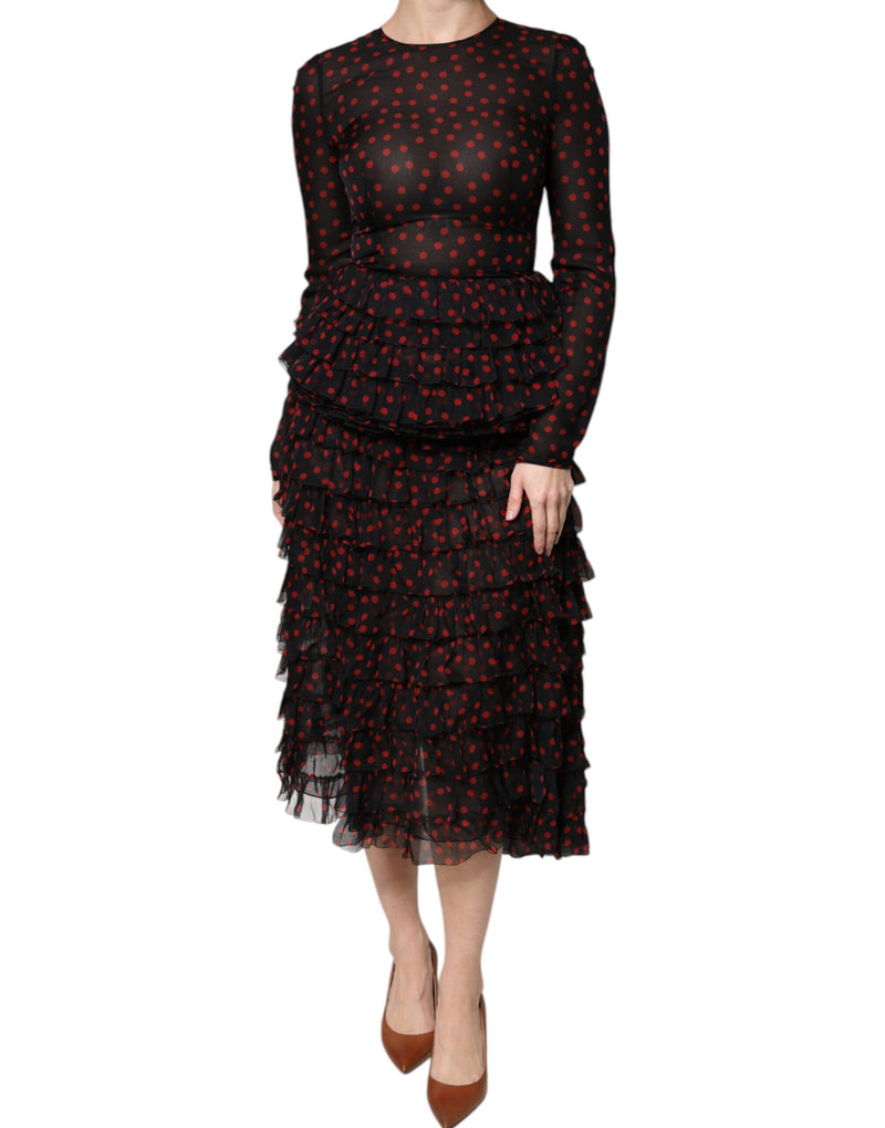 Black Red Polka Dot Silk Layered Midi Dress-Dolce & Gabbana-LabelTerrace.com