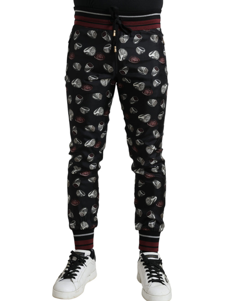Black Ring Silk Jogging Trousers Pants-Dolce & Gabbana-LabelTerrace.com