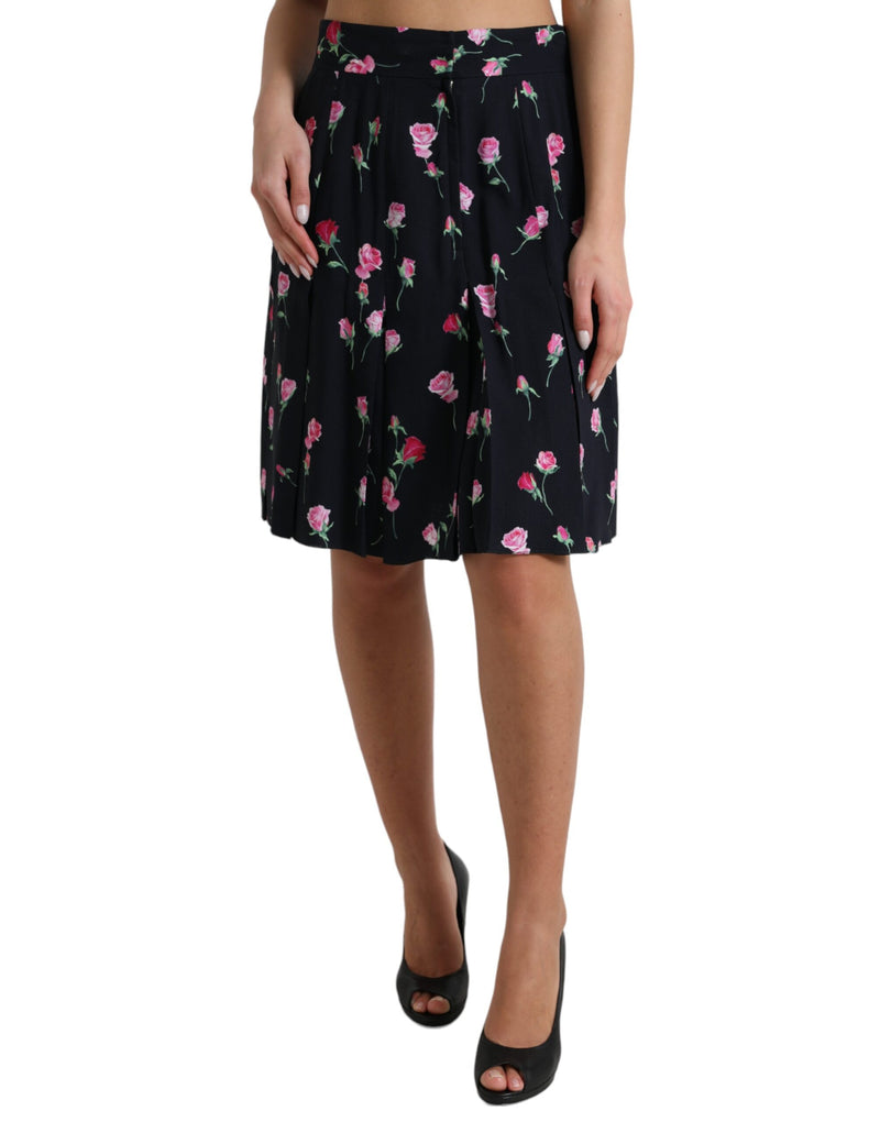 Black Rose High Waist A-line Knee Length Skirt-Dolce & Gabbana-LabelTerrace.com
