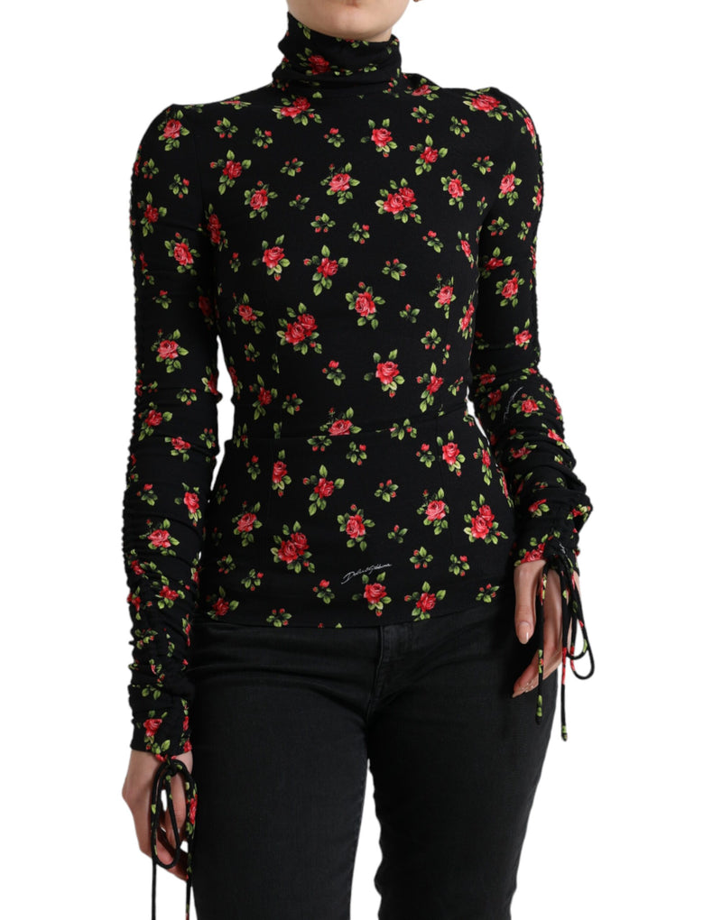 Black Rose Print Turtle Neck Blouse Top-Dolce & Gabbana-LabelTerrace.com