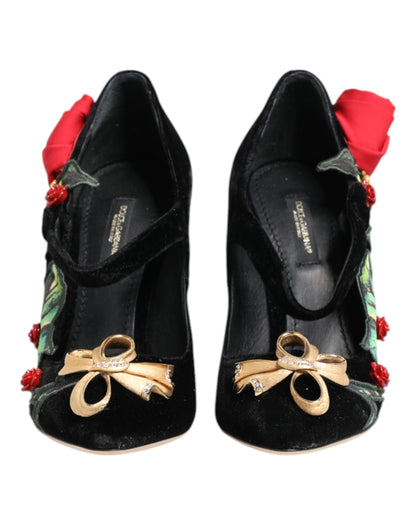 Black Roses Crystal Brooch Mary Jane Shoes-Dolce & Gabbana-LabelTerrace.com