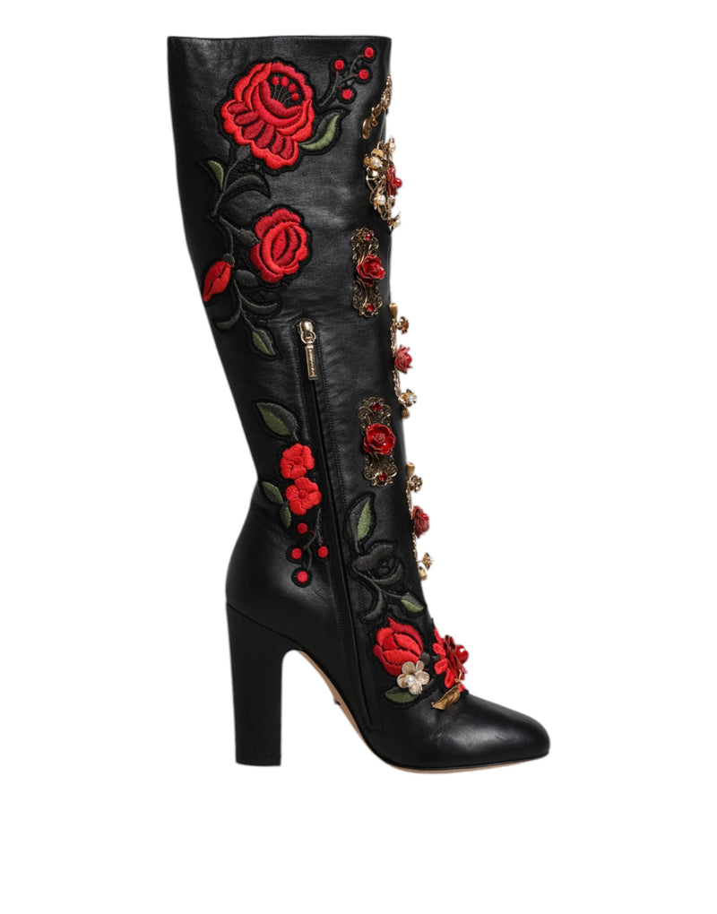 Black Roses Embellished Leather Heel Boots Shoes-Dolce & Gabbana-LabelTerrace.com
