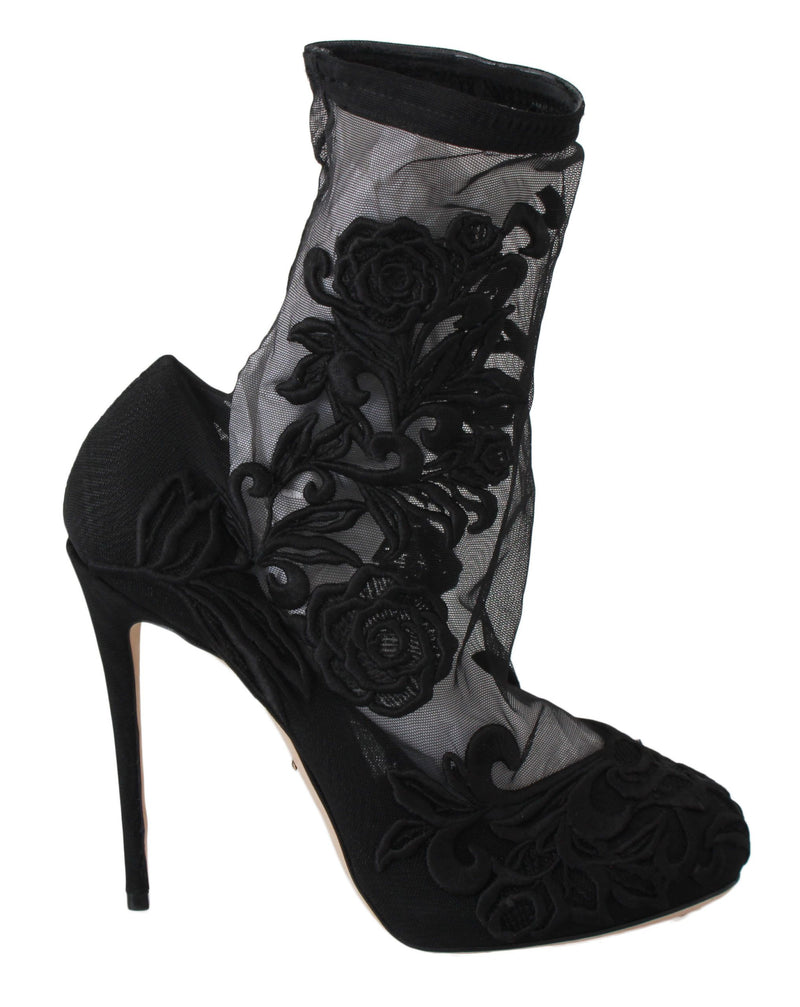 Black Roses Stilettos Booties Socks Shoes-Dolce & Gabbana-LabelTerrace.com