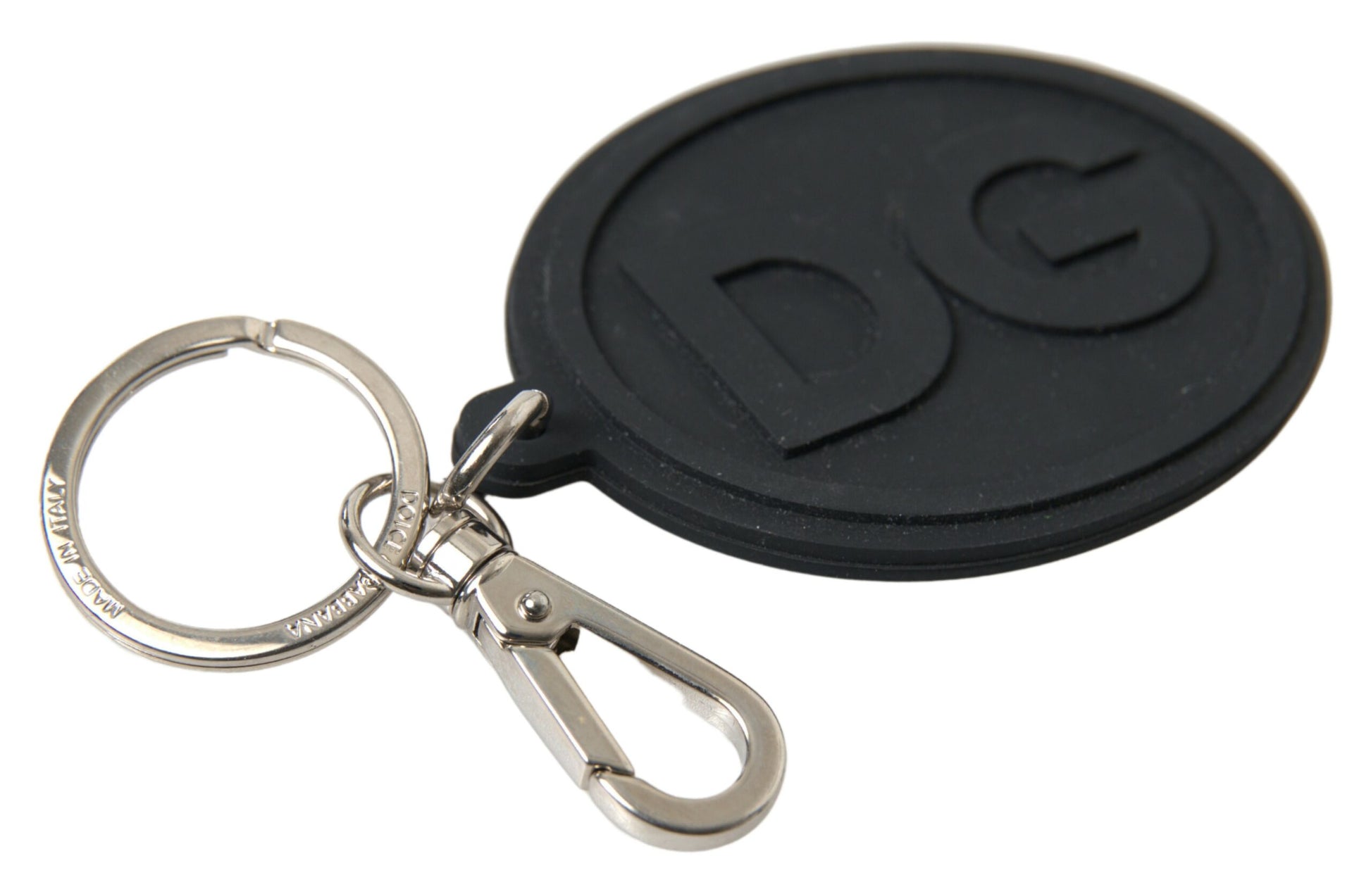 Black Rubber DG Logo Silver Brass Metal Keychain-Dolce & Gabbana-LabelTerrace.com
