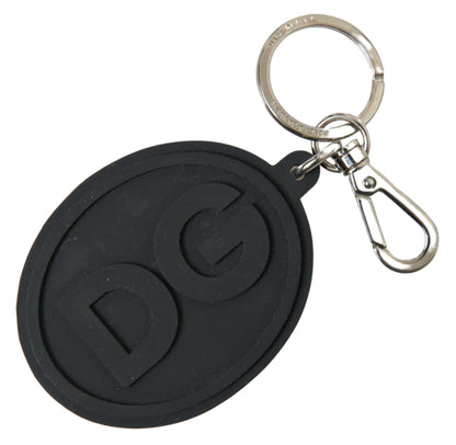 Black Rubber DG Logo Silver Brass Metal Keychain-Dolce & Gabbana-LabelTerrace.com
