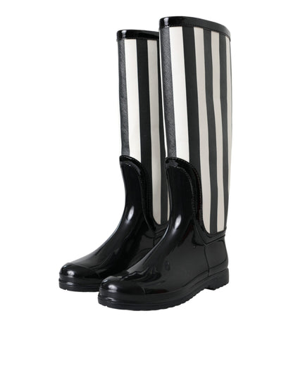 Black Rubber Knee High Flat Boots Shoes-Dolce & Gabbana-LabelTerrace.com