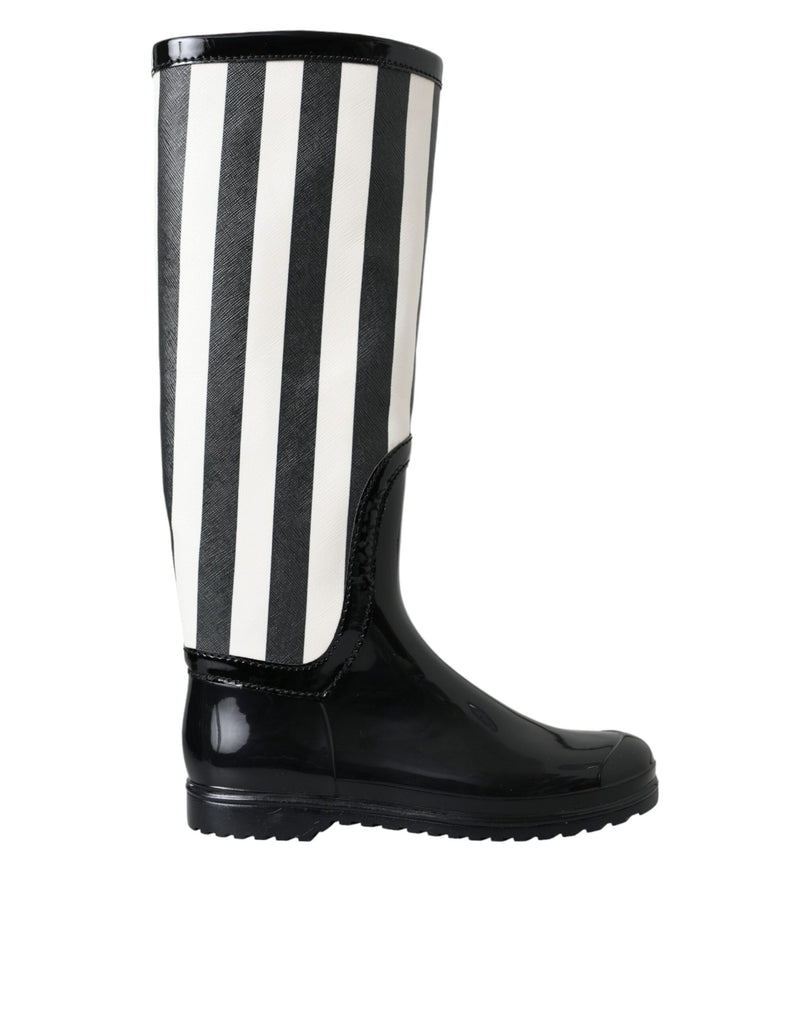 Black Rubber Knee High Flat Boots Shoes-Dolce & Gabbana-LabelTerrace.com