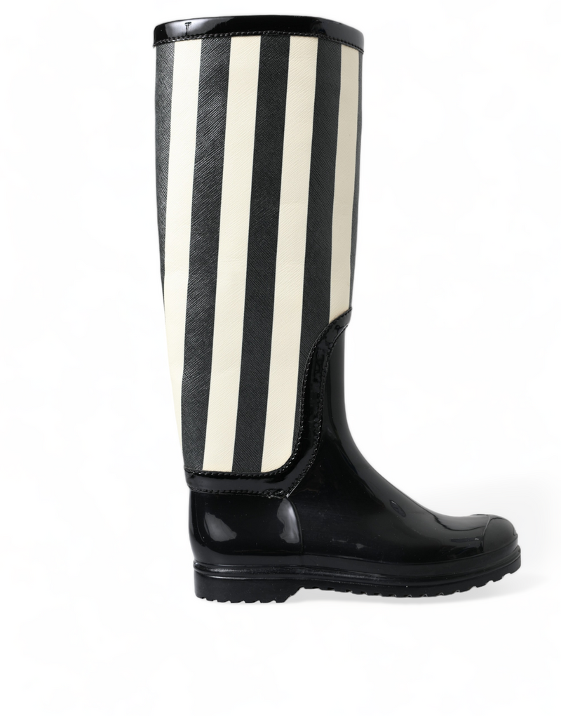 Black Rubber Knee High Flat Boots Shoes-Dolce & Gabbana-LabelTerrace.com