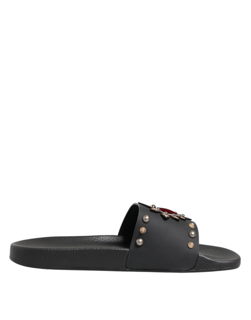 Black Rubber Sacred Heart Slides Men Beachwear Shoes-Dolce & Gabbana-LabelTerrace.com