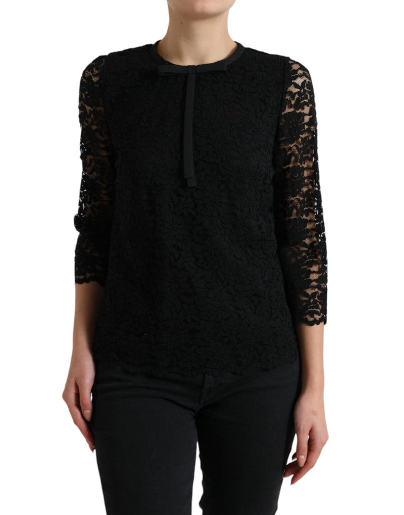 Black STAFF Blouse Floral Lace Nylon Top-Dolce & Gabbana-LabelTerrace.com
