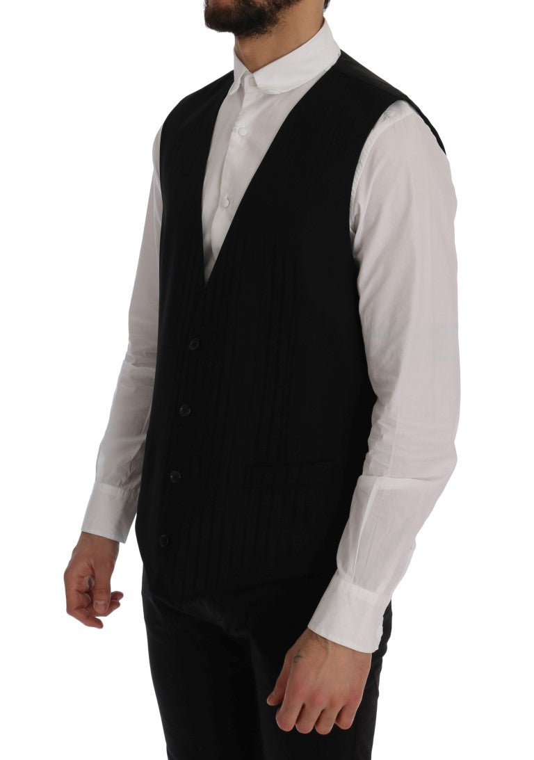 Black STAFF Wool Stretch Vest-Dolce & Gabbana-LabelTerrace.com