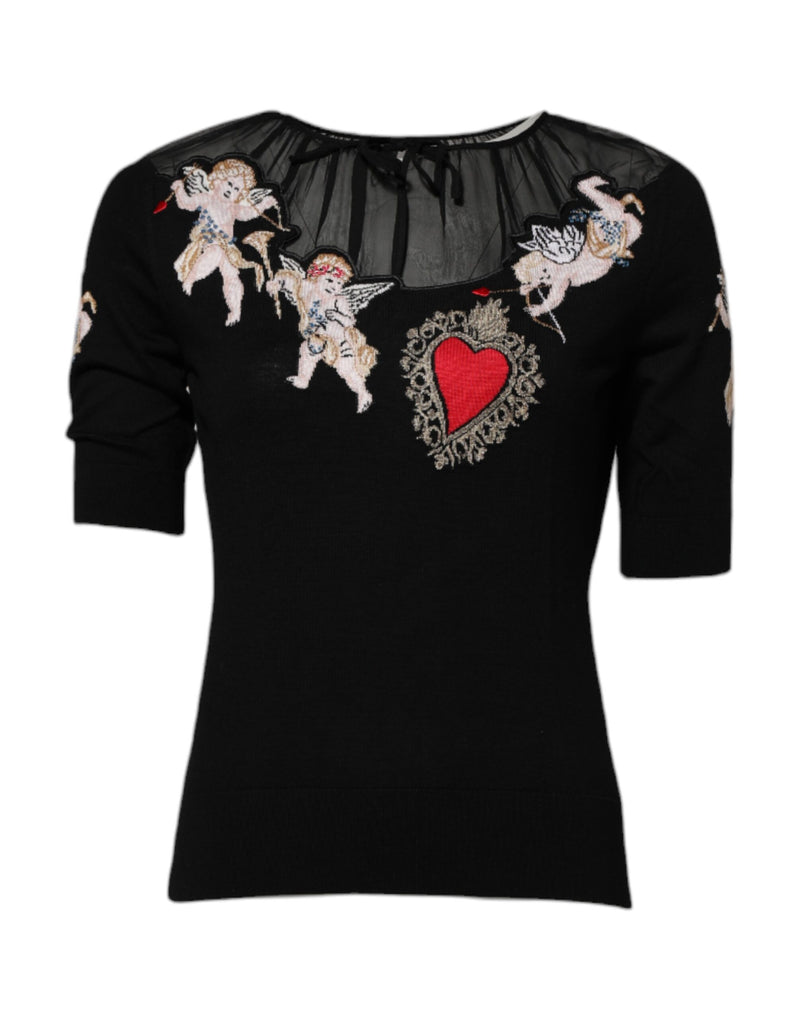 Black Sacred Heart Embroidered Crewneck Top-Dolce & Gabbana-LabelTerrace.com