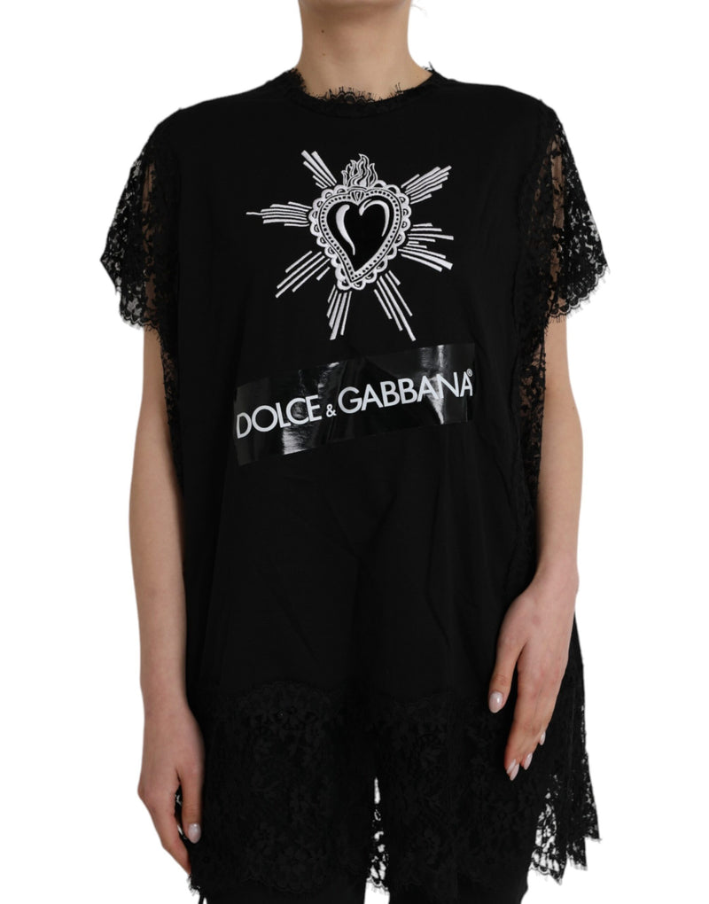 Black Sacred Heart Print Cotton Lace T-shirt-Dolce & Gabbana-LabelTerrace.com