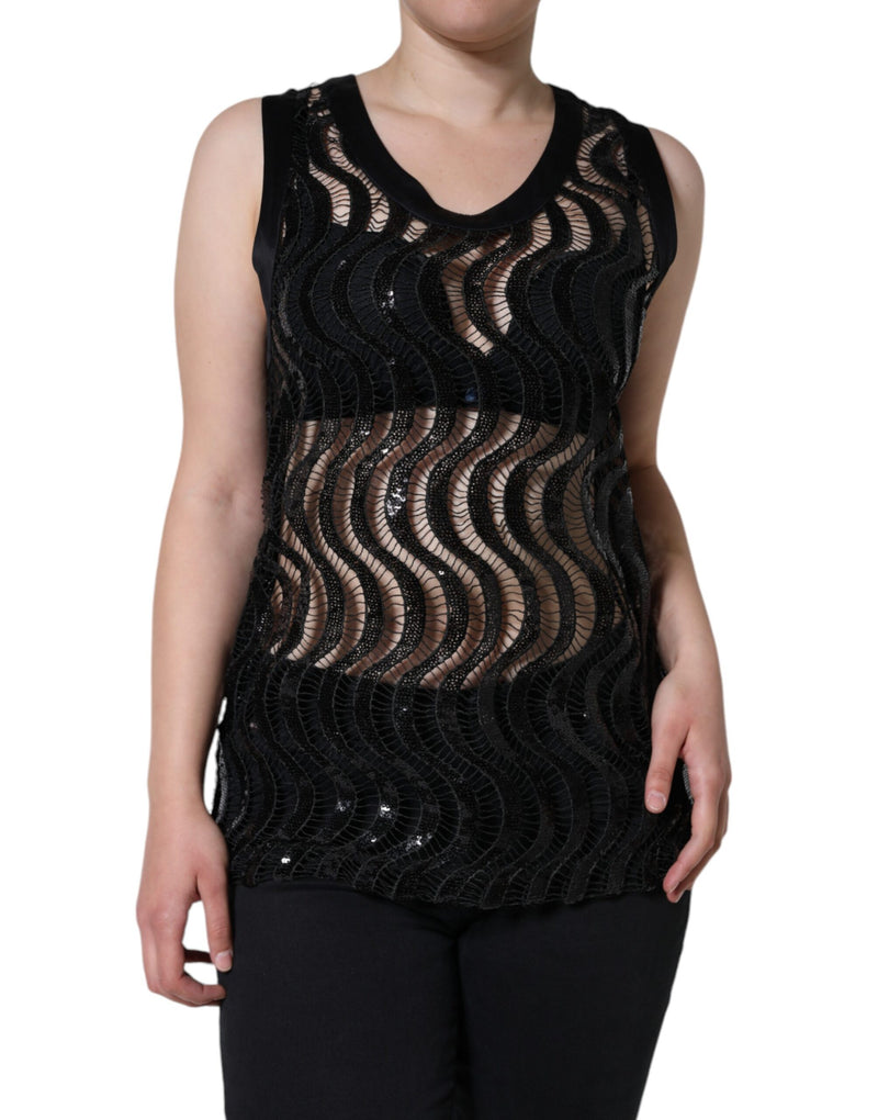 Black Sequin Sleeveless Tank Blouse Top-Dolce & Gabbana-LabelTerrace.com