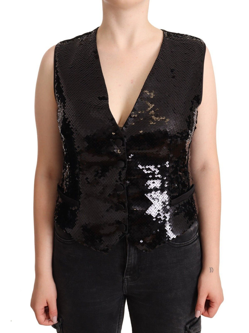 Black Sequin V-Neck Sleeveless Vest Tank Top-Dolce & Gabbana-LabelTerrace.com