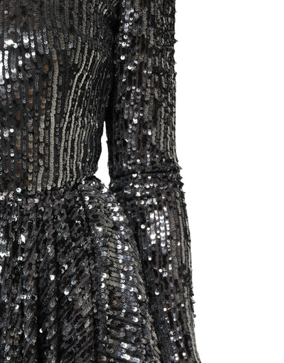 Black Sequined Long Sleeves Midi A-line Dress