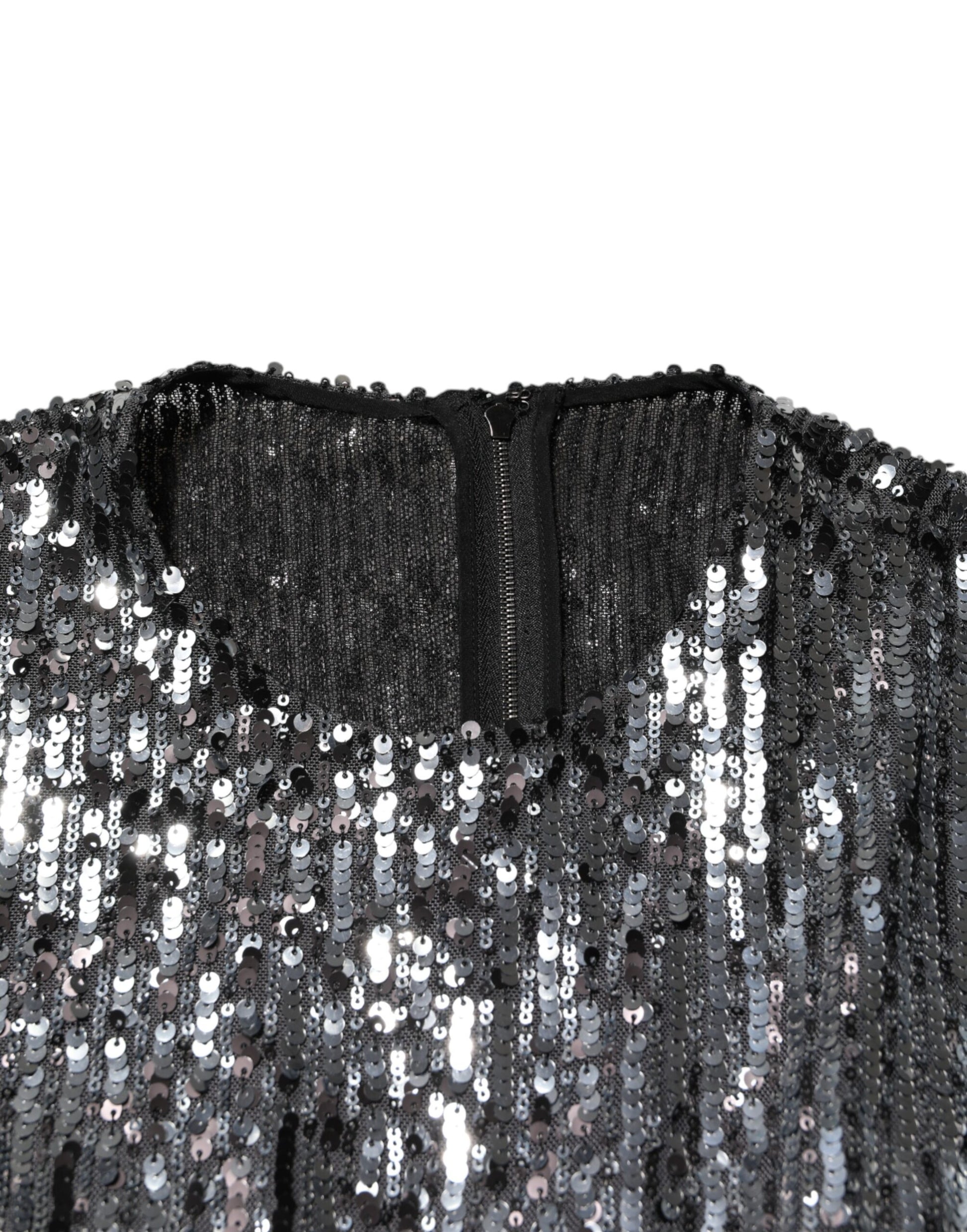 Black Sequined Long Sleeves Midi A-line Dress