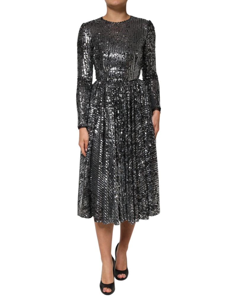 Black Sequined Long Sleeves Midi A-line Dress-Dolce & Gabbana-LabelTerrace.com