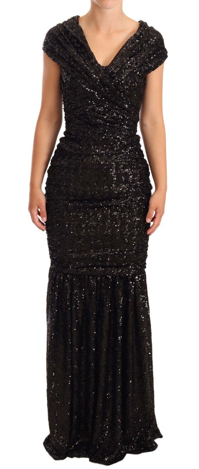 Black Sequined Open Shoulder Long Gown Dress-Dolce & Gabbana-LabelTerrace.com