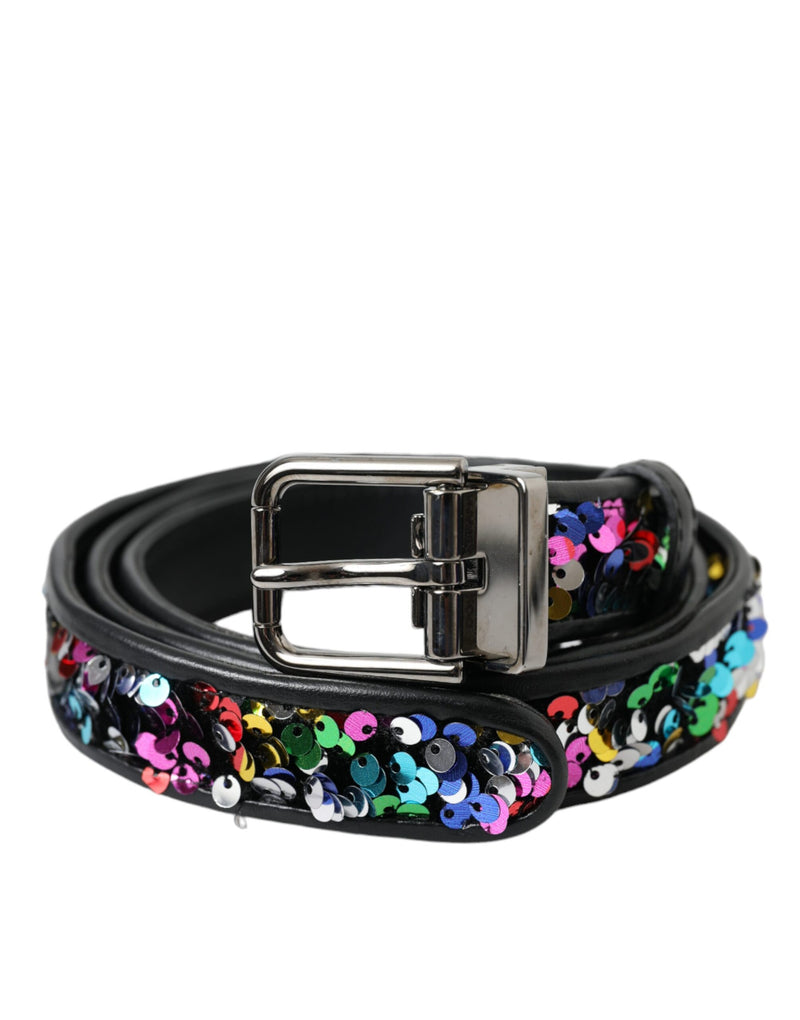 Black Sequined Silver Metal Buckle Women Belt-Dolce & Gabbana-LabelTerrace.com