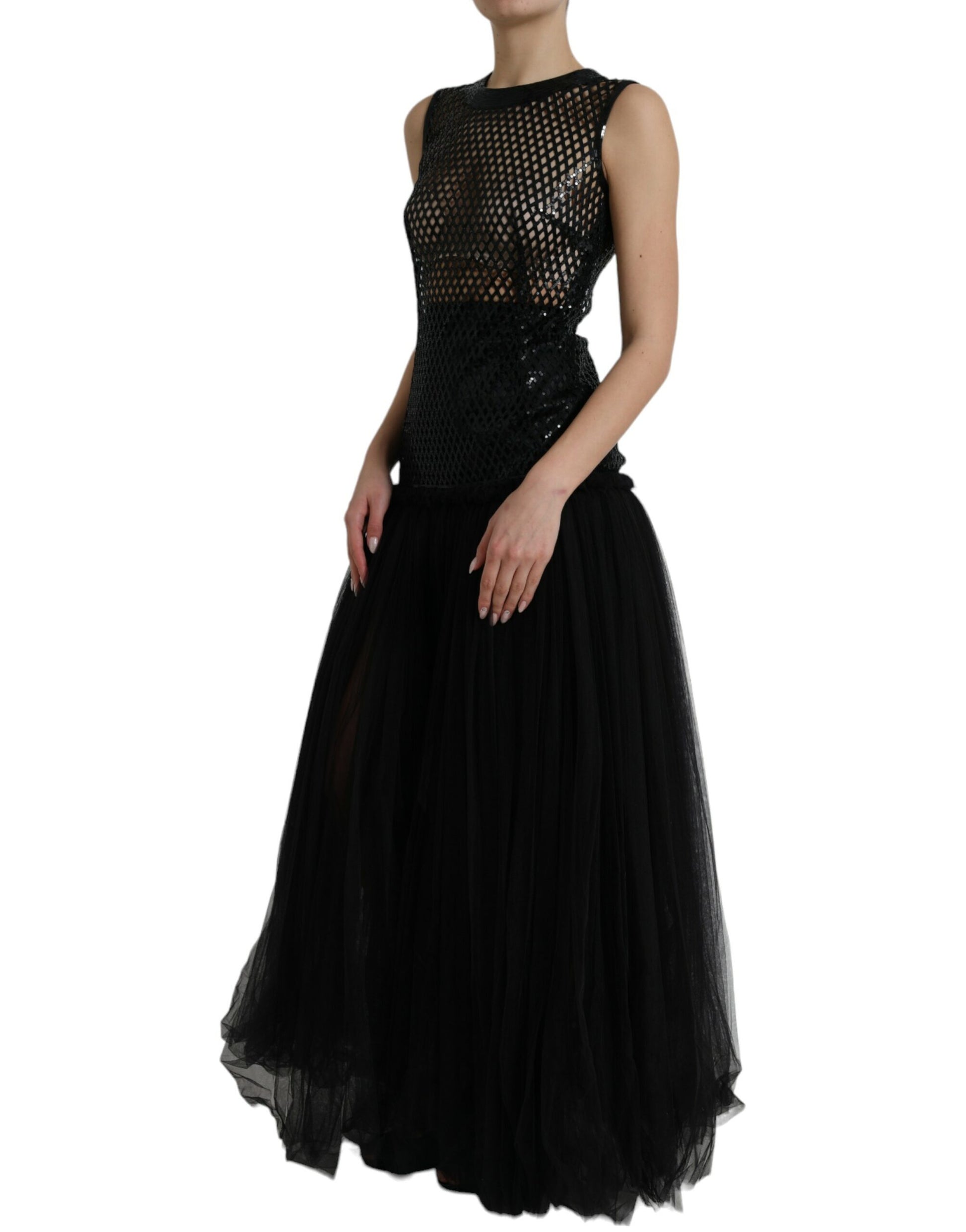 Black Sequined Sleeveless Mesh Layered Gown Dress